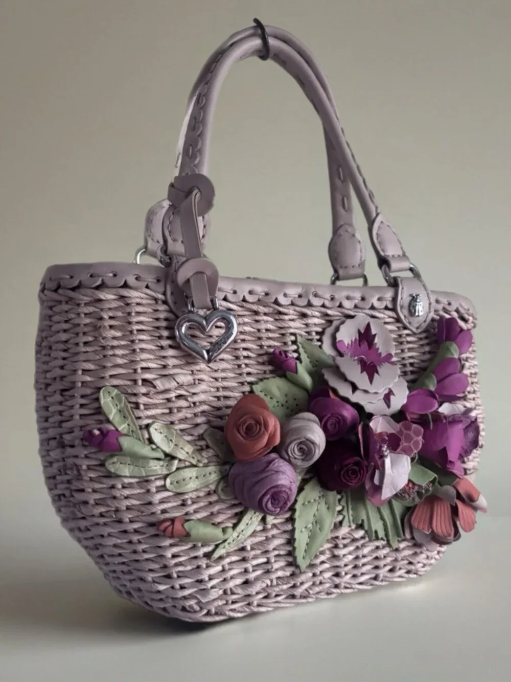 BRIGHTON Raffia With Leather Rose Flower Bouquet Ladybug Small Straw Tote Bag